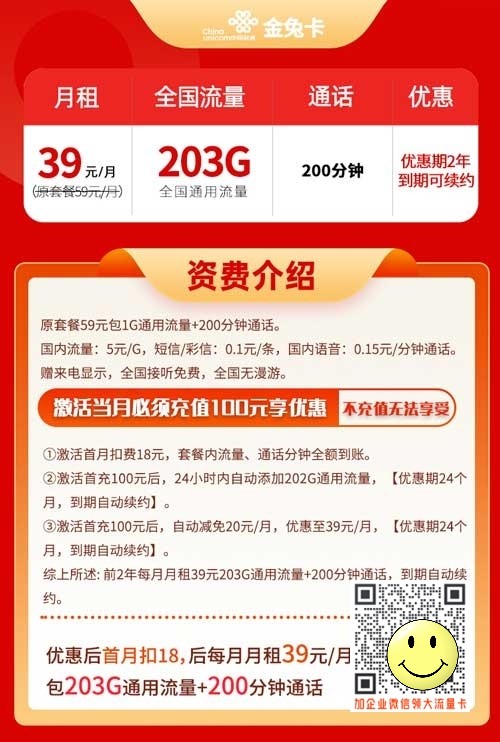 浙江联通金兔卡，39元203G通用+200分钟通话  第1张