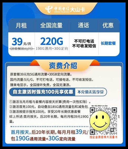 山东电信大山卡39元220G全国流量【20年长期套餐】  第1张