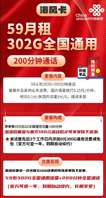 联通海风卡 59元月租含302G通用+200分钟【超大流量】  第1张