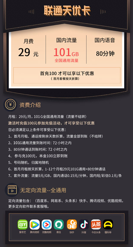联通天优卡 29元月租101G通用流量+80分钟语音 第1张 联通天优卡 29元月租101G通用流量+80分钟语音 第1张